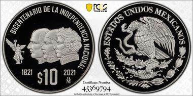2021-Mo 10 Peso Independence Bicentenary PR69DCAM
