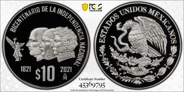 2021-Mo 10 Peso Independence Bicentenary PR69DCAM
