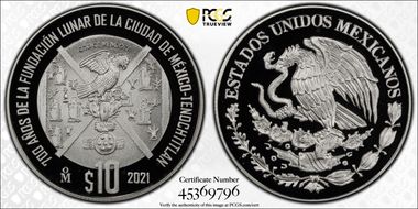 2021-Mo 10 Peso Foundation of Tenochtitlan 700th Anniversary PR69DCAM
