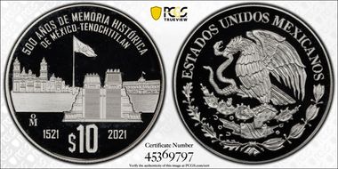 2021-Mo 10 Peso Fall of Tenochtitlan 500th Ann. PR69DCAM