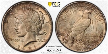 1921 $1 High Relief, Peace MS63