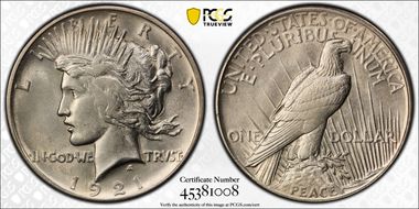 1921 $1 High Relief, Peace AU58