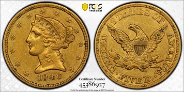 1846 $5 Small Date AU50