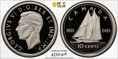 2021 10C 100th Ann. Bluenose Emanuel Hahn - Ni-Plated Steel PR69DCAM