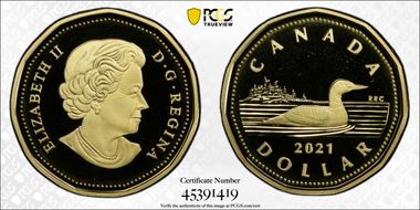 2021 $1 Loon - Brass-Plated Steel PR69DCAM