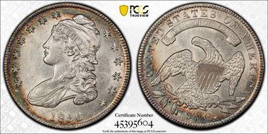 1836 50C Overton 112, Bar Dot AU58