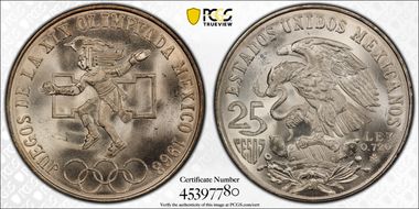 1968-Mo 25 Peso Olympic KM-479.1 Rings Align, Straight Tongue MS66