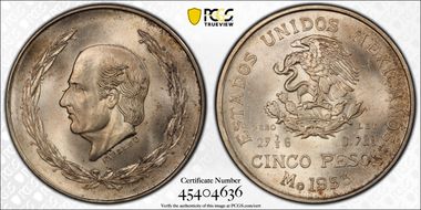 1953-Mo 5 Peso Hidalgo KM-467 Ag MS65