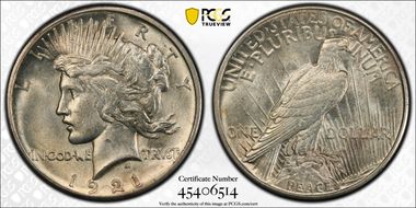 1921 $1 High Relief, Peace AU58