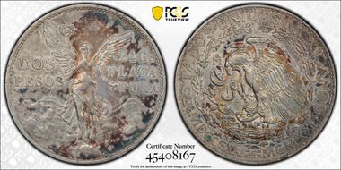 1921-Mo 2 Peso Centennial, 9 Tail F. KM-462  Ag AU50