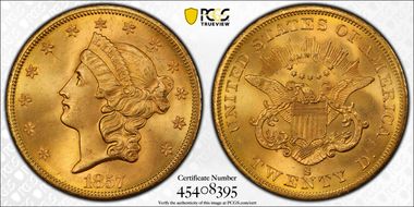 1857-S $20 MS65