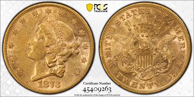 1873-S $20 Open 3 AU53