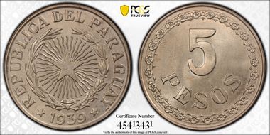 1939 5 Peso KM-18 MS66