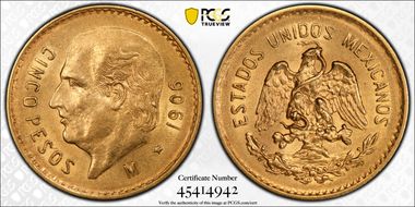 1906-M 5 Peso KM-464  Au AU58