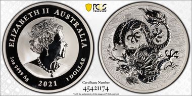 2021-P $1 Dragon Ag Chinese Myths and Legends MS65