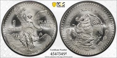 1989-Mo Onza Libertad Ag w/o Dot before 999 MS68+