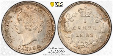 1882-H 5C Damaged Punch, Wide 8/Sm 8 MS62