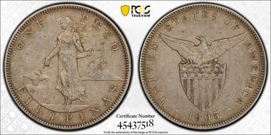 1905-S Peso Allen-16.06 Curved Serif AU50