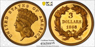 1866 $3 PR65DCAM
