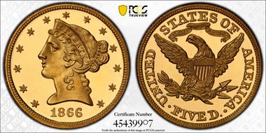 1866 $5 PR64DCAM