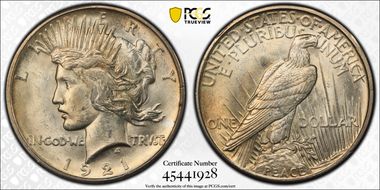 1921 $1 High Relief, Peace MS63