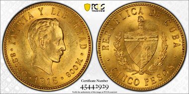 1915 5 Peso KM-19  Au MS63