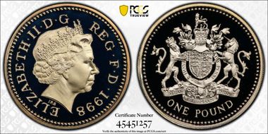 1998 £1 S-J13 Royal Arms Design Ag PR69DCAM