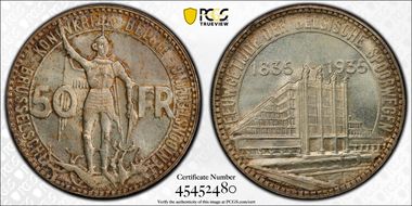1935 50 Fr BELGIE  ↑↓ KM-107.1  Ag MS66