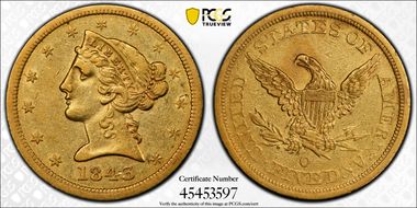 1843-O $5 Large Letters XF40