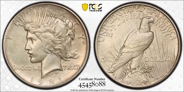 1921 $1 High Relief, Peace AU53