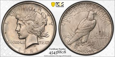 1921 $1 High Relief, Peace AU58