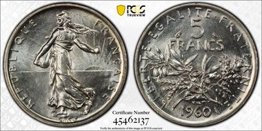 1960 5 Fr Gad-770 F-340 MS67