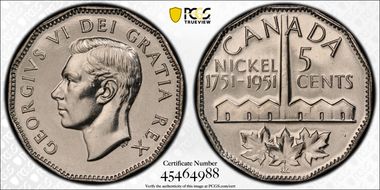 1951 5C Nickel Bicentennial SP66