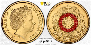 2015 $2 Lest We Forget Colorized Poppy Counterstamp MS65