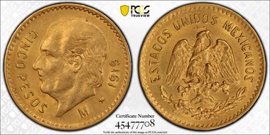 1919-M 5 Peso KM-464  Au AU58