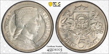 1932 5 Lat KM-9  Ag MS62