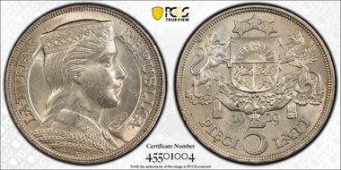 1929 5 Lat KM-9  Ag MS62