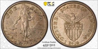 1910-S Peso KM-172  Ag AU58