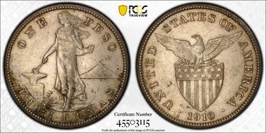 1910-S Peso KM-172  Ag AU55