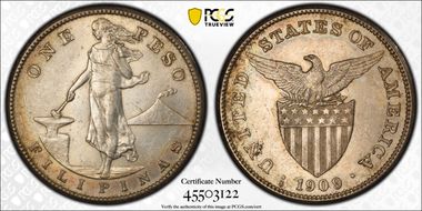 1909-S Peso KM-172  Ag AU58