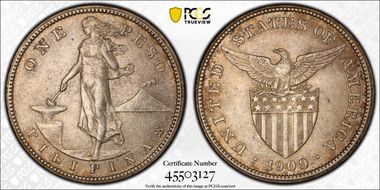 1909-S Peso KM-172  Ag AU58