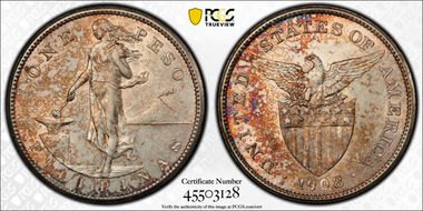 1908-S Peso KM-172  Ag AU58