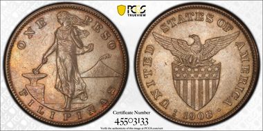 1908-S Peso KM-172  Ag AU58