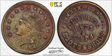 1864 Token F-225BO-2a Copper RE John Schroder & Co. MS62BN