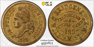 1863 Token F-630J-1b Brass PE Bridgens MS62