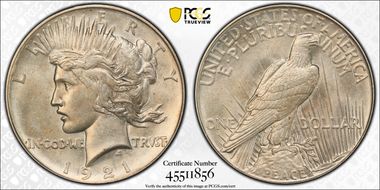 1921 $1 High Relief, Peace MS64