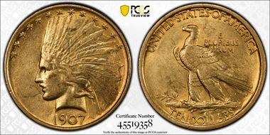 1907 $10 Indian AU55