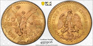 1944 50 Peso KM-481  Au MS66