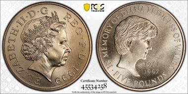 1999 £5 S-L6 Diana Cu/Ni MS69