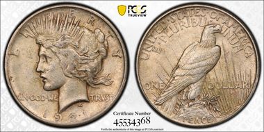 1921 $1 High Relief, Peace AU55